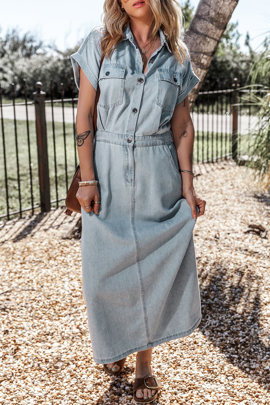 Beau Blue Blue Batwing Sleeve Slit Back Denim Robe