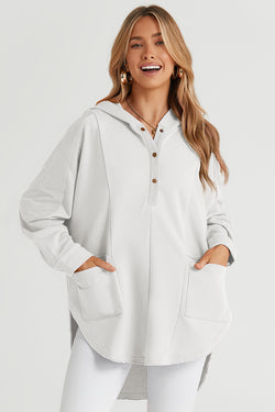 White Oversized Henley Hoodie with Side Pockets and Patchwork