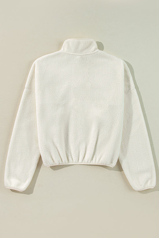 White Sweatshirt with drooping shoulder and folded collar with fleece buttoning leg