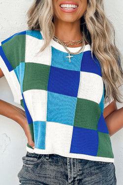 Dark blue sweater with short sleeves and color blocks