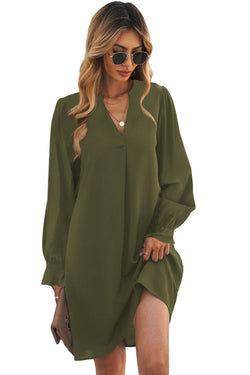 Green V-neck slit shirt dress with ruffle sleeves