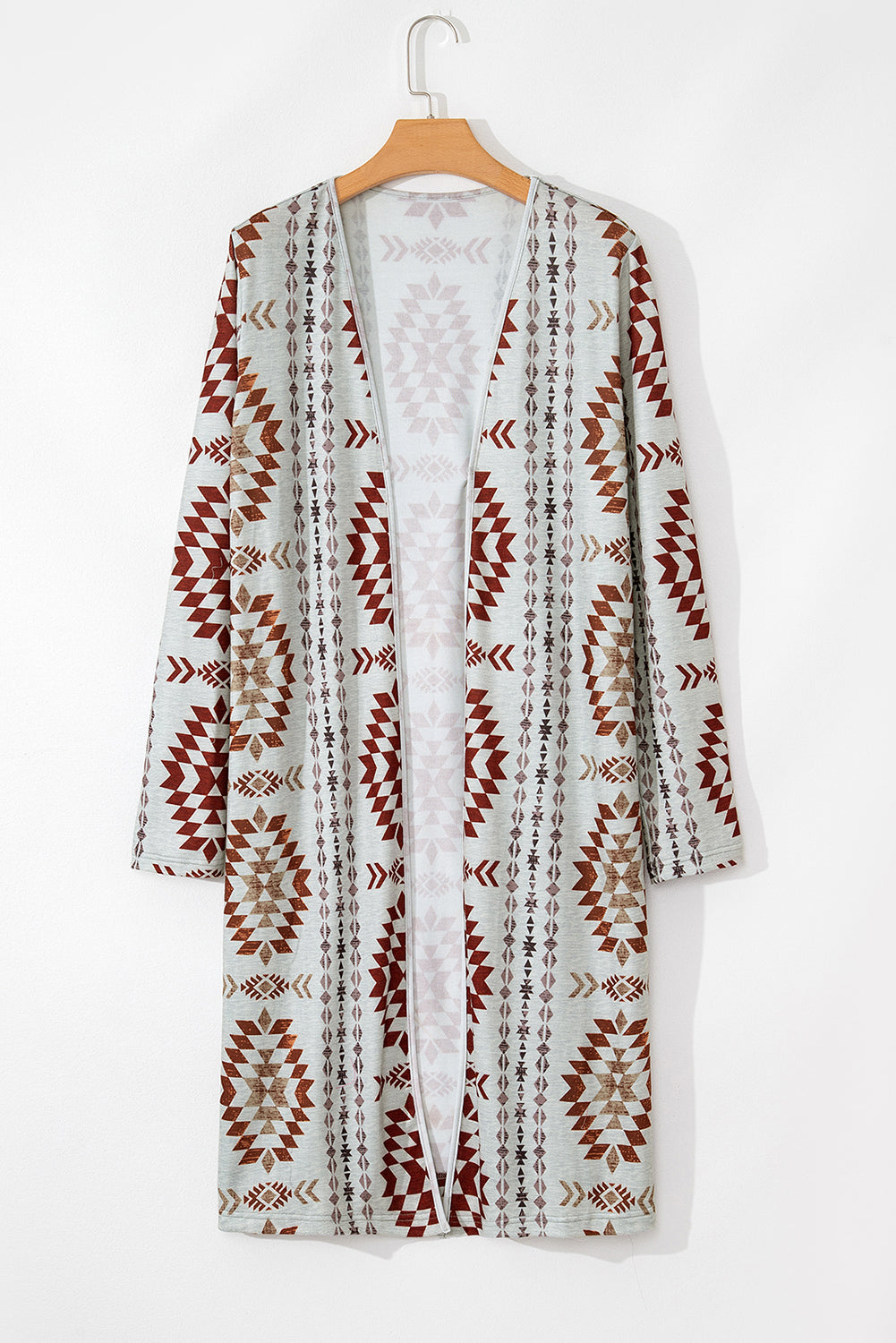 Brown Aztec Western Print Open Front Long Cardigan