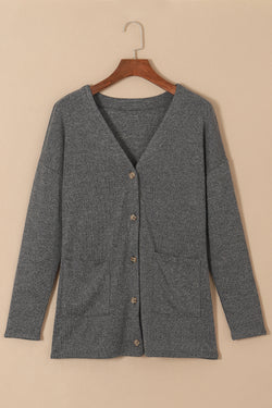 Heather Grey Knit Button Front Cardigan with Pockets