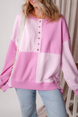 Henley High Low Pink Color Block Oversized Sweatshirt