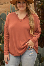 Gold Flame - Plus Size Exposed Seam V-Neck Long Sleeve Top