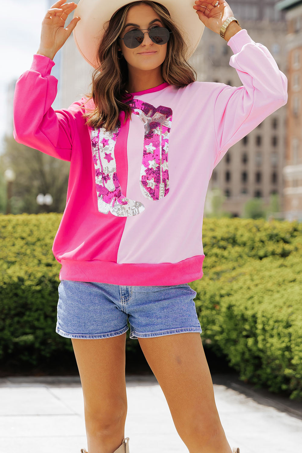 Pinkfarbe Block Pailled Cowgirl Boots Grafik Sweatshirt