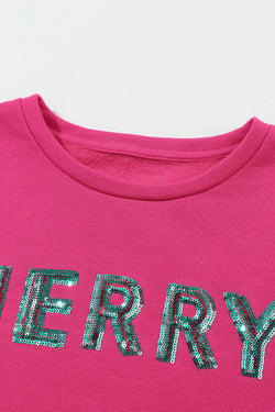 Sweat-shirt patchwork à paillettes MERRY Christmas Tree rose fraise