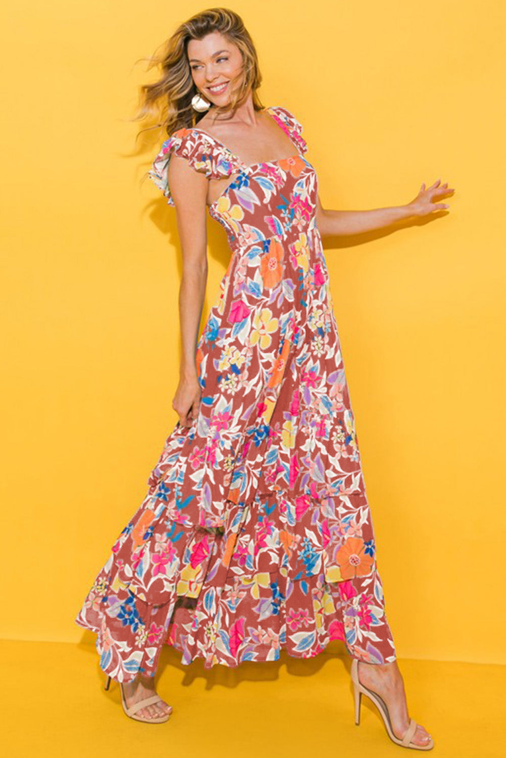 Pink Floral Print Sleeveless Ruffled Maxi Dress