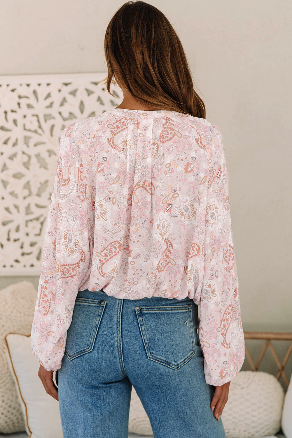 Botones de impresión de Paisley Pink Blusa de manga de burbujas