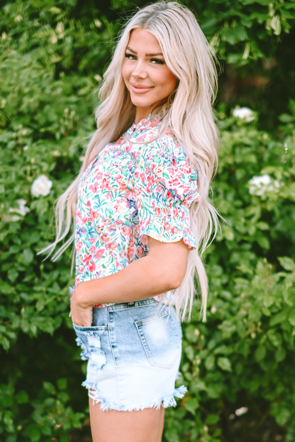 Pink Floral Print Button Split Neck Puff Sleeve Blouse