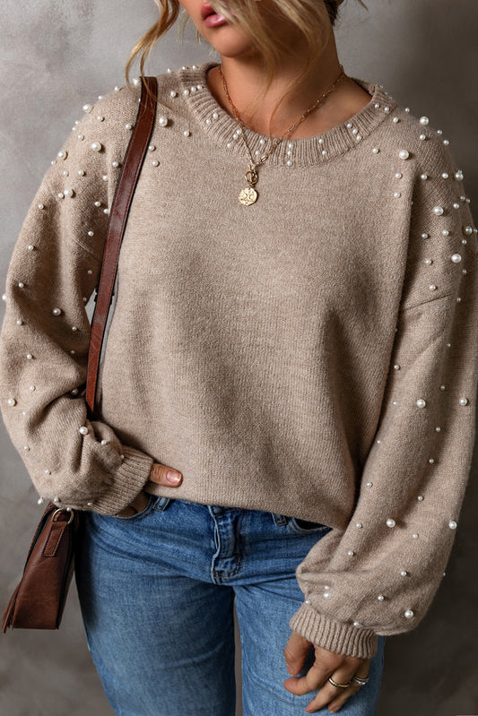 Plus Size Smoke Grey Beaded Drop Shoulder Sweater