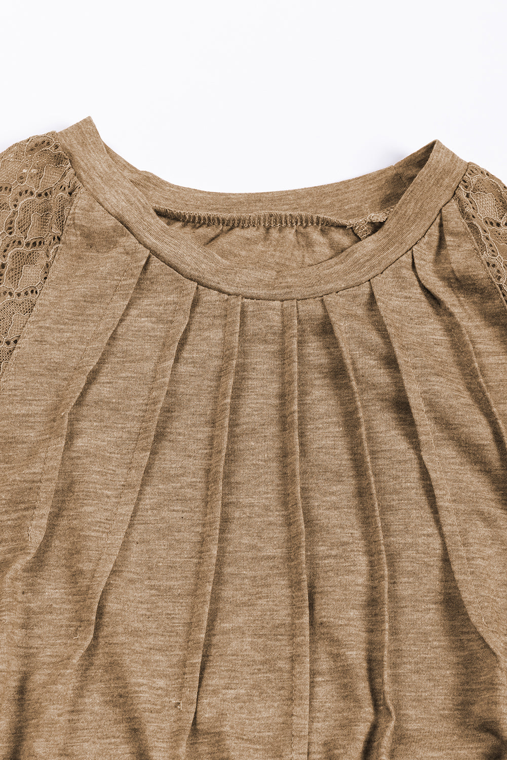 Light French Beige Contrast Lace Raglan Sleeve Plicate Round Neck Top