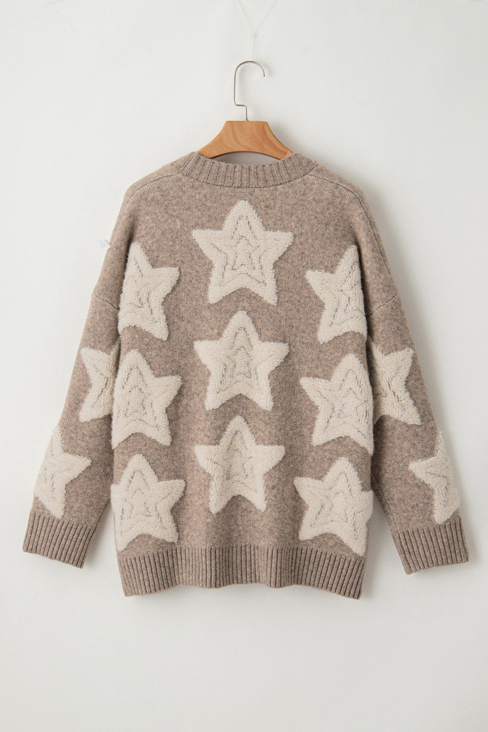 Khaki Star Pattern Sherpa Textured Sweater Cardigan with Pockets