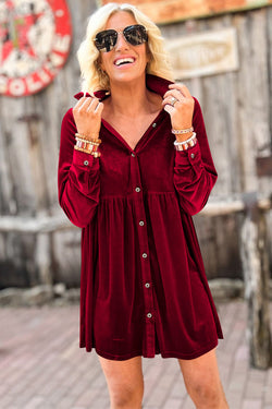 Bright Red Long Sleeve Ruffle Velvet Buttoned Dress