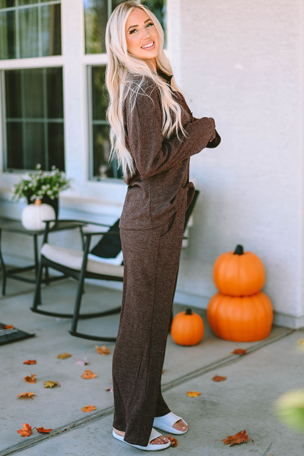 Brown Caned Caned Collared Henley Top and Pants Lounge