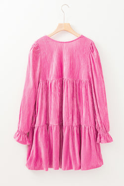 Mini-robe en velours à volants et manches volantées rose fraise