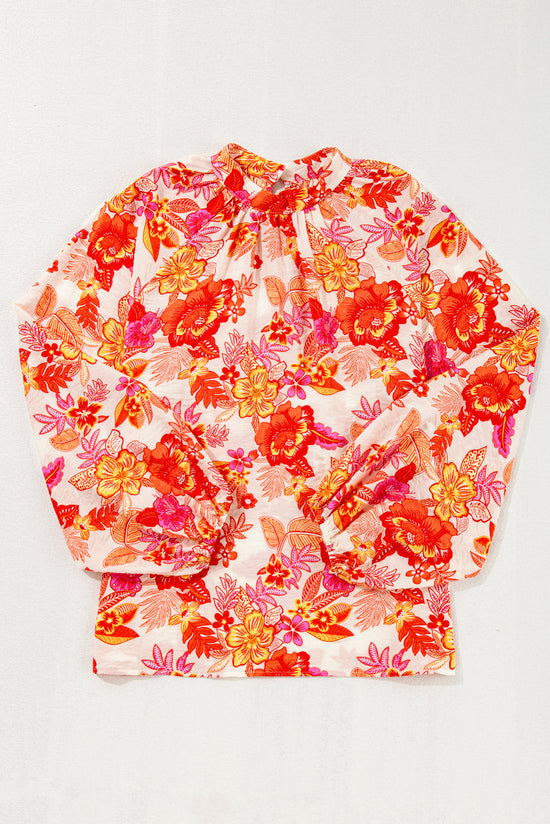 Floral print blouse and pearl button with long orange puffing lock hole