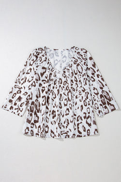 Khaki blouse printed leopard gathered with v * collar