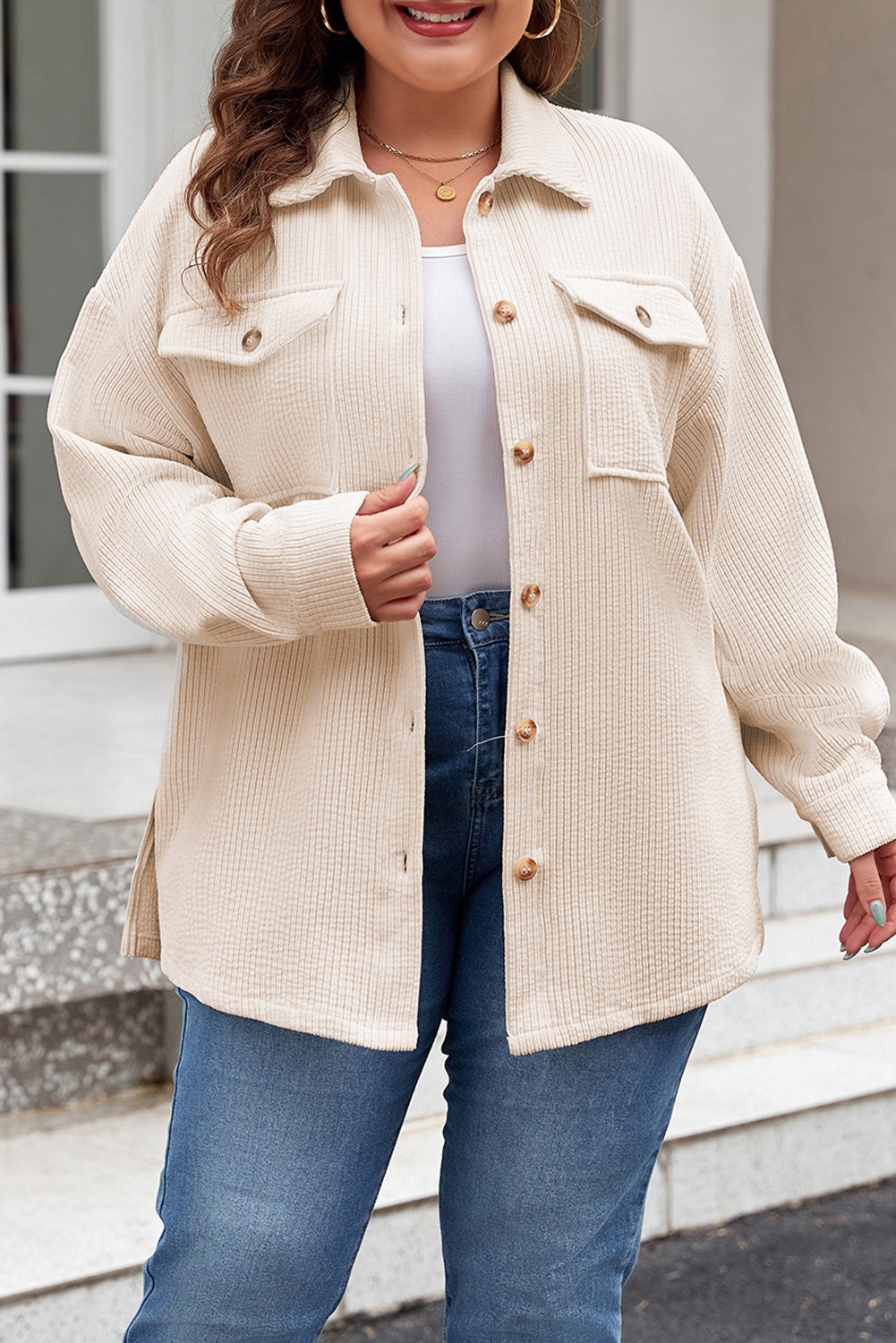 Plus Size Oatmeal Textured Buttoned Flap Pocket Jacket