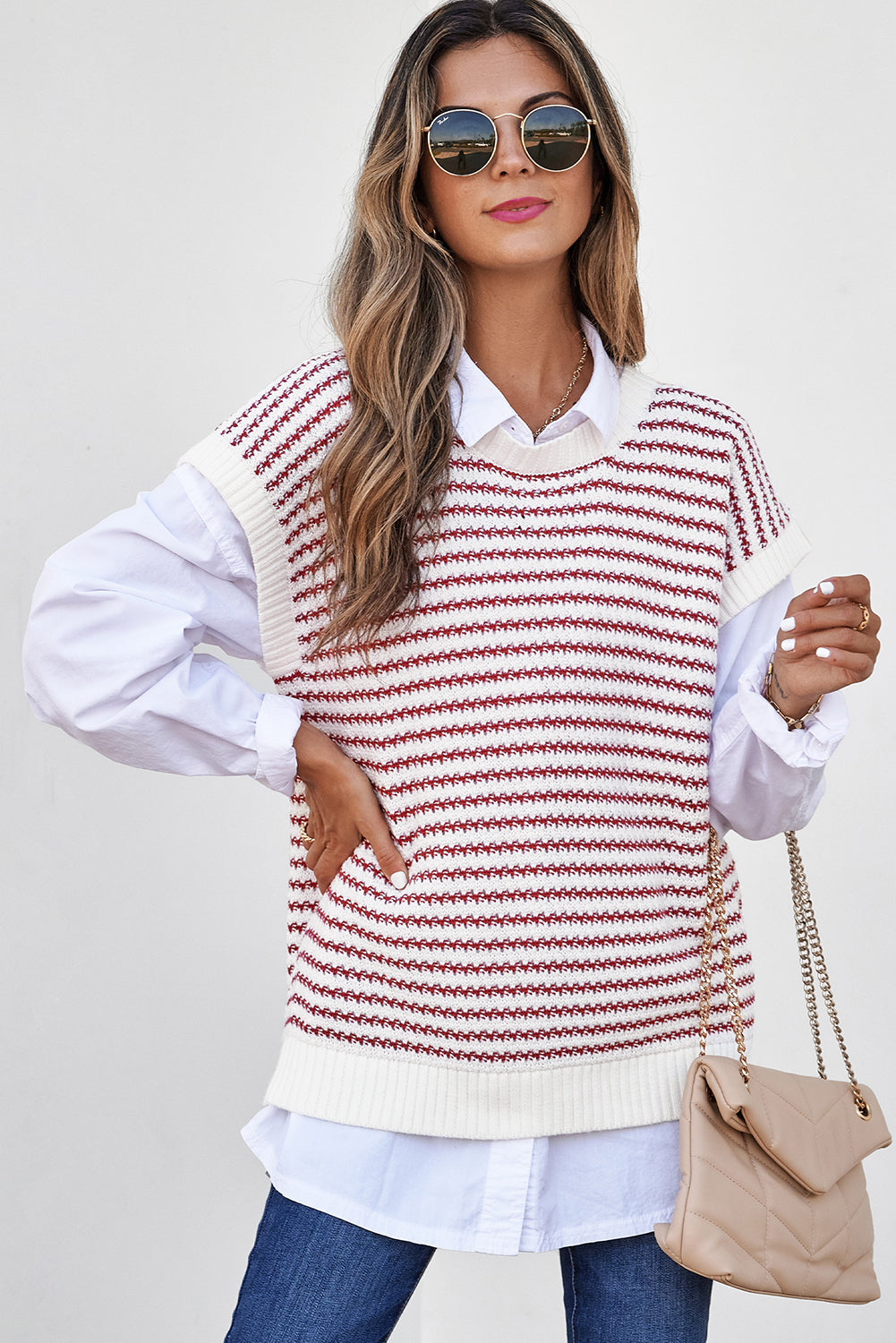 Red Stripe Ribbed Trim Loose Fit Knitted Sweater Vest