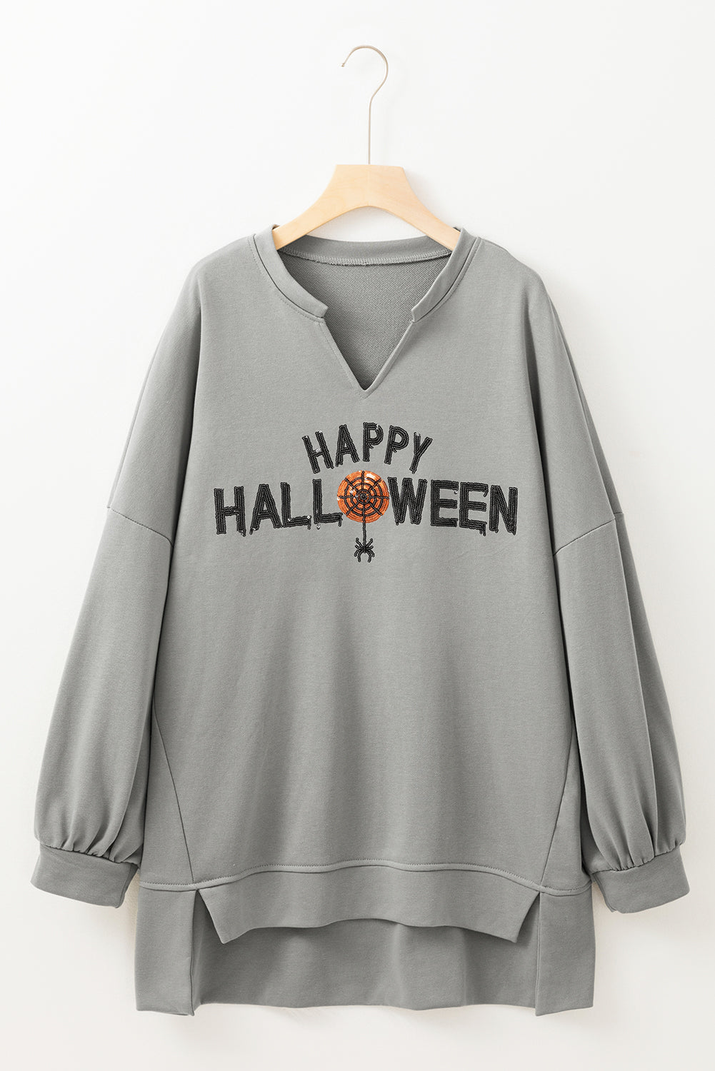 Top holgado de manga larga con cuello entallado y gráfico de Halloween con lentejuelas de color gris medio