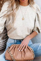 Light gray high with mid-long puffing sleeves with pearls and rhinestones