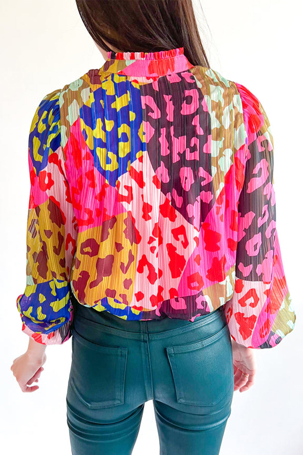 Chemisier plissé à imprimé léopard rose et patchwork-A WOMAN WE LOVE