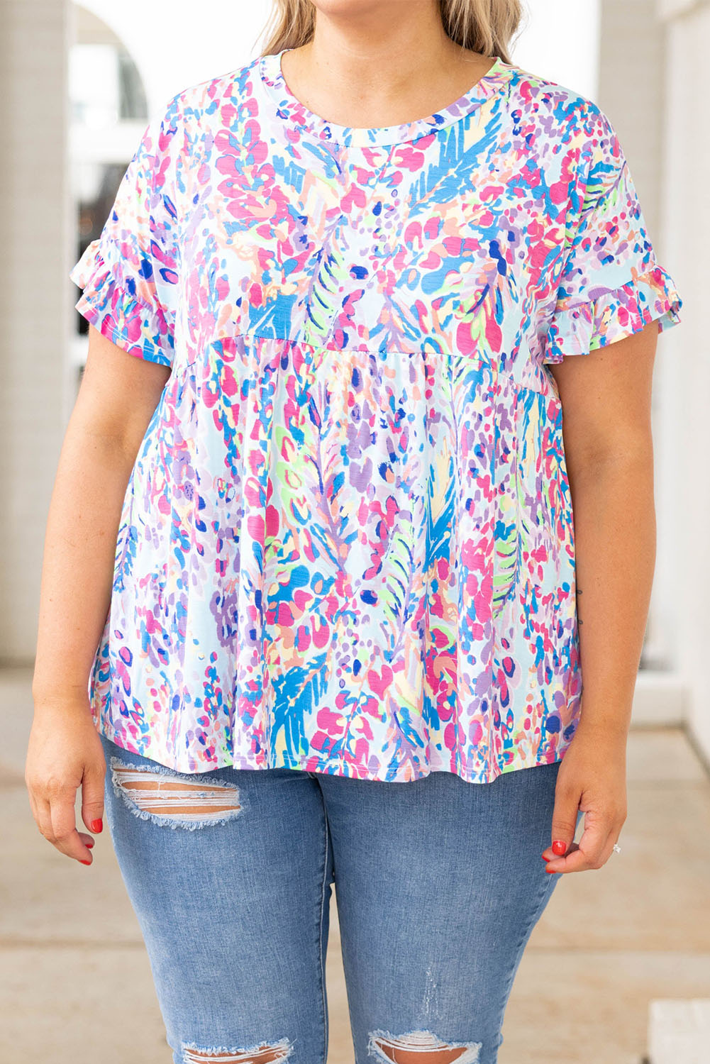 Purple Vibrant Botanical Print Frill Short Sleeve Plus Size Top