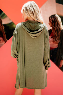 Guacamole Green Hooded Side Slit Open Kimono with Pocket