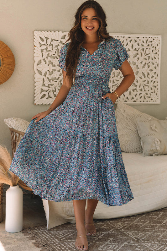 Blue Printed V-Neck Ruched Long Dress with Short Puff Sleeves