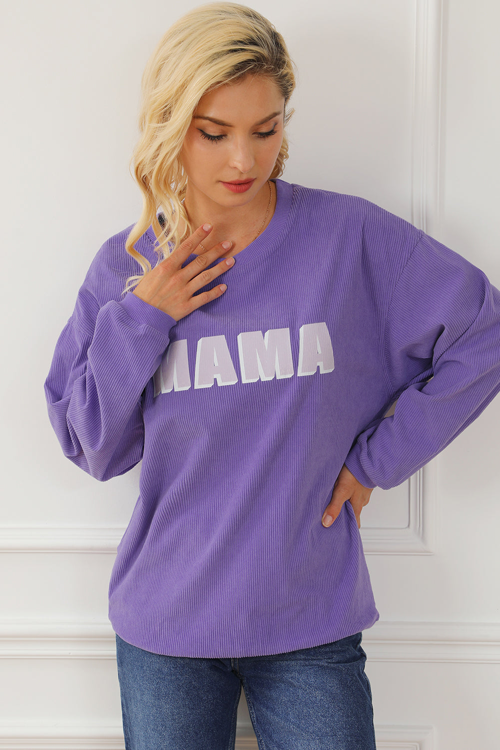 Purple Mama gerippte Crew Neck Pullover Sweatshirt