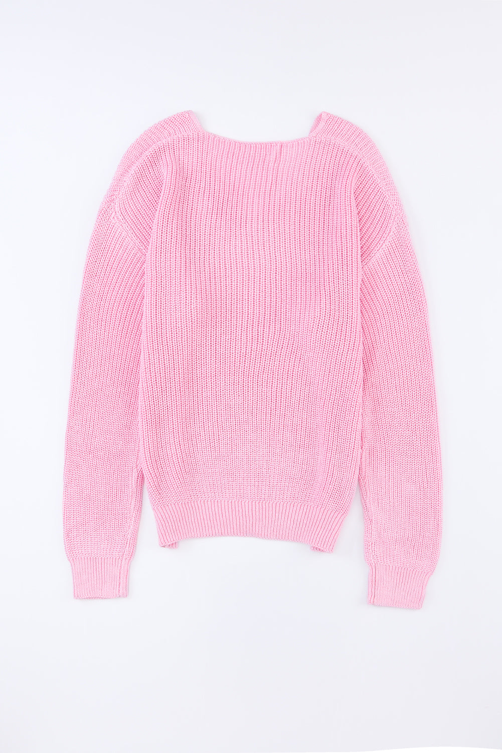 Pink Ribbed Knit V Neck Sweater