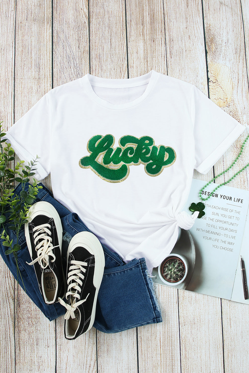 White St. Patrick Lucky Chenille Glitter Patched Graphic T Shirt