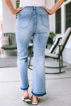 Sky blue flared jeans upper size buttoned in distress