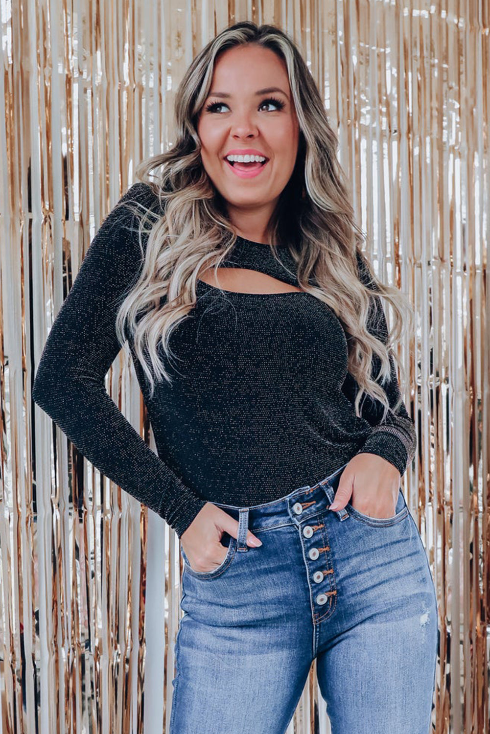 Black Sparkle Metallic Cut Out Long Sleeve Top