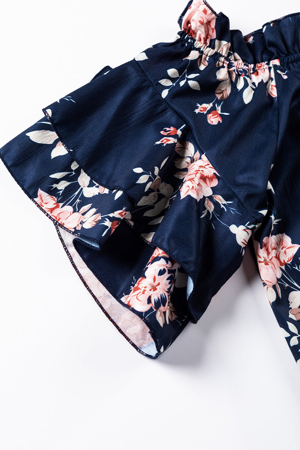 Blue Ruffle Off Shoulder Flounce Sleeve Floral Blouse