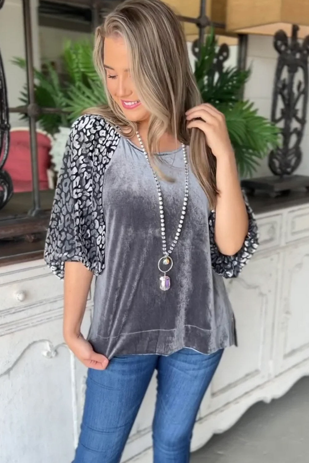 Blouse en velours à manches lanternes épissage léopard gris moyen