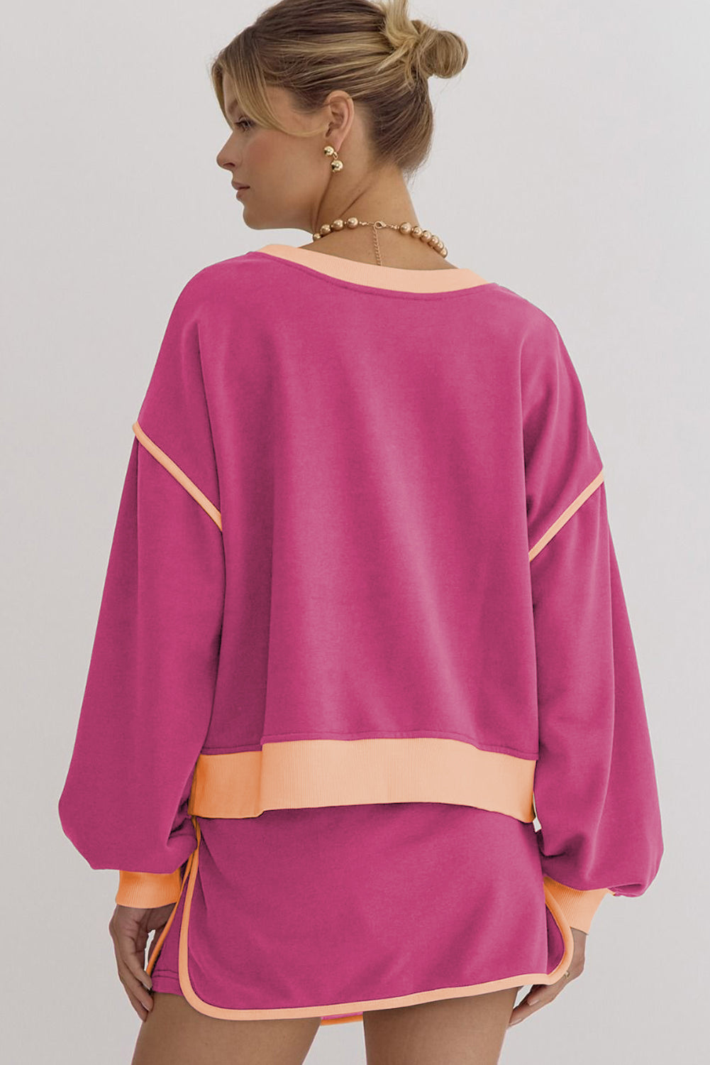 Pink -colored large -colored sweater set *