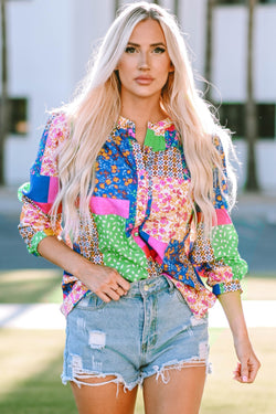 Multicolored floral print puffy sleeve shirt