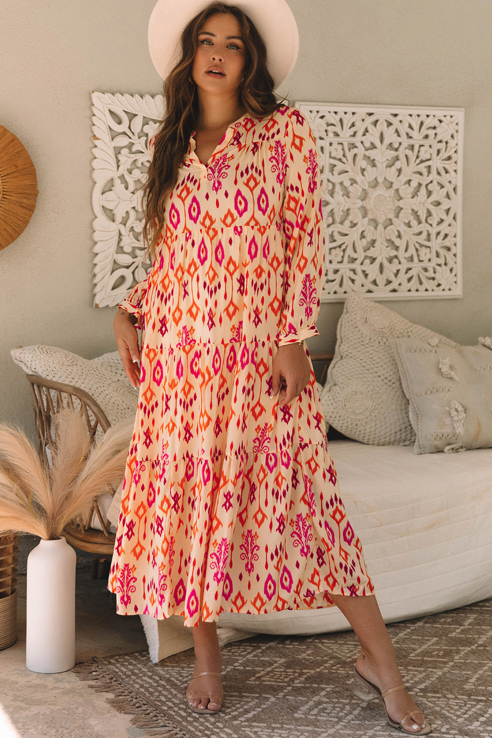 Robe longue orange à imprimé géométrique abstrait western