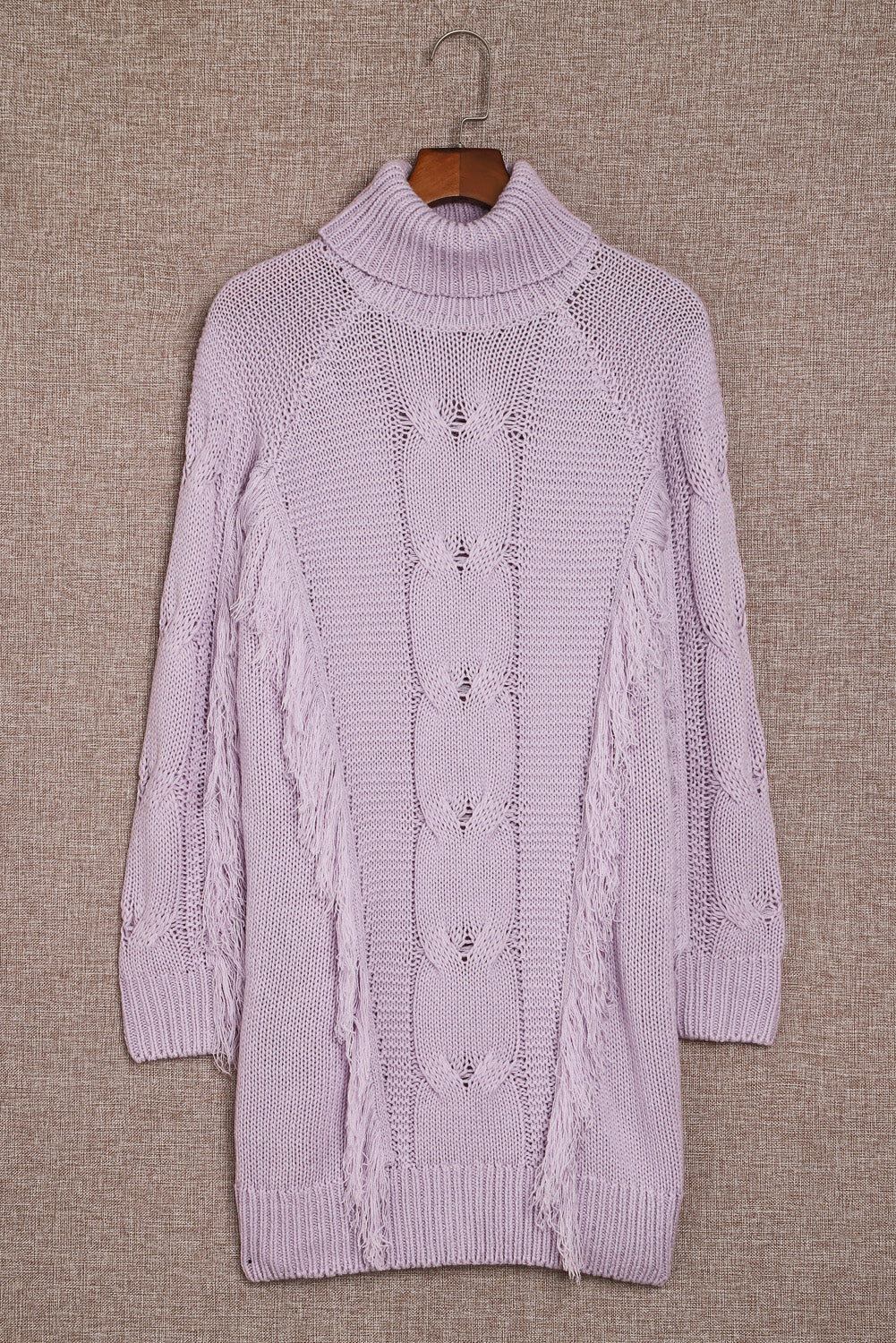 Robe pull décontractée à col haut et franges torsadées violette