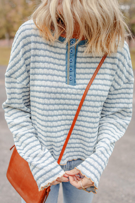 Long sleeve top Henley Textured with sky blue stripes *