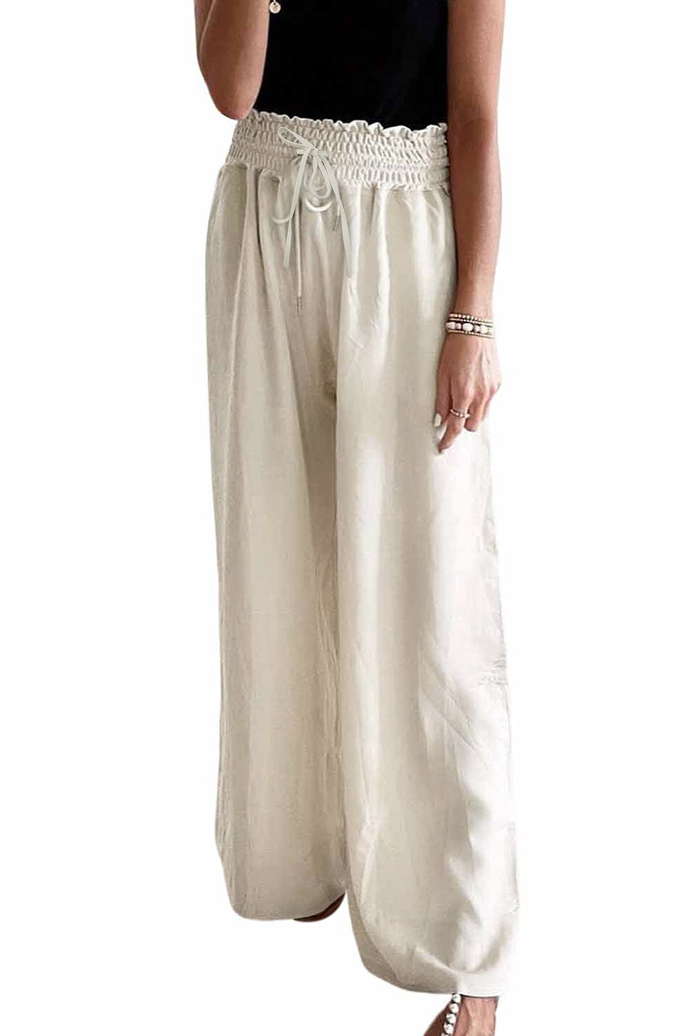 Pantalon large smocké beige taille haute