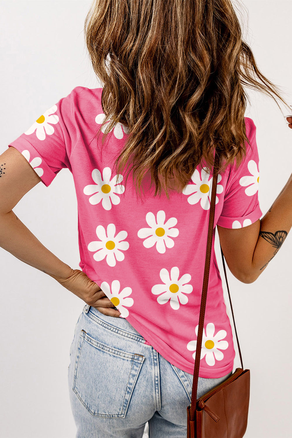 Pink Daisy bedruckte Crewneck T -Shirt