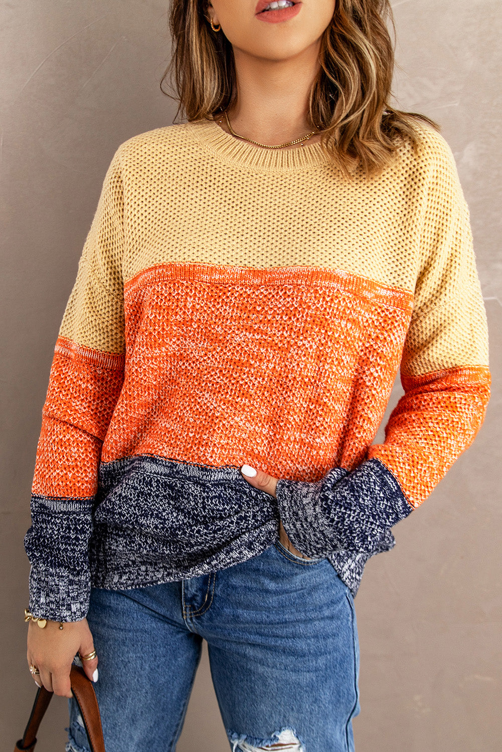 Blue color block mesh texture sweater