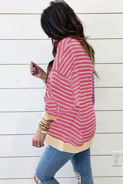 Pink Striped Oversized Sweatshirt Casual Stripe Color Block Drop Shoulder Sweatshirt