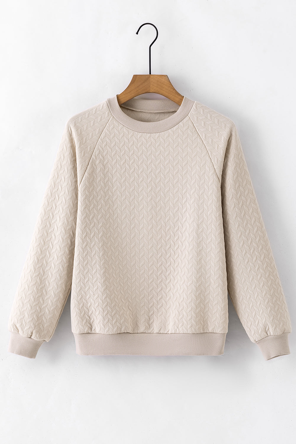 Beige solide strukturierte Raglan -Ärmelpullover Sweatshirt