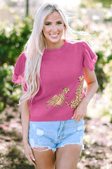 Pull en tricot à col rond et manches à volants léopard rose