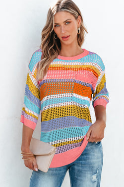 Pull with 3/4 sleeve in openwork hook with pink stripes and color block