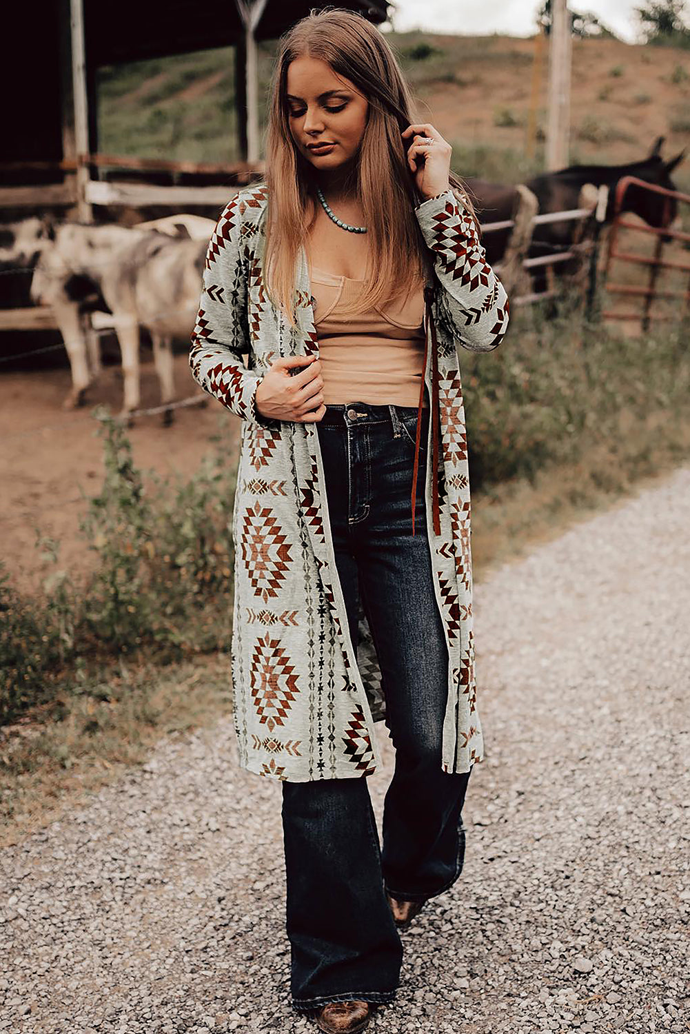 Brown Aztec Western Print Open Front Long Cardigan